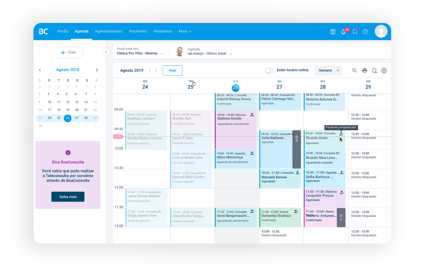 Tela agenda médica.